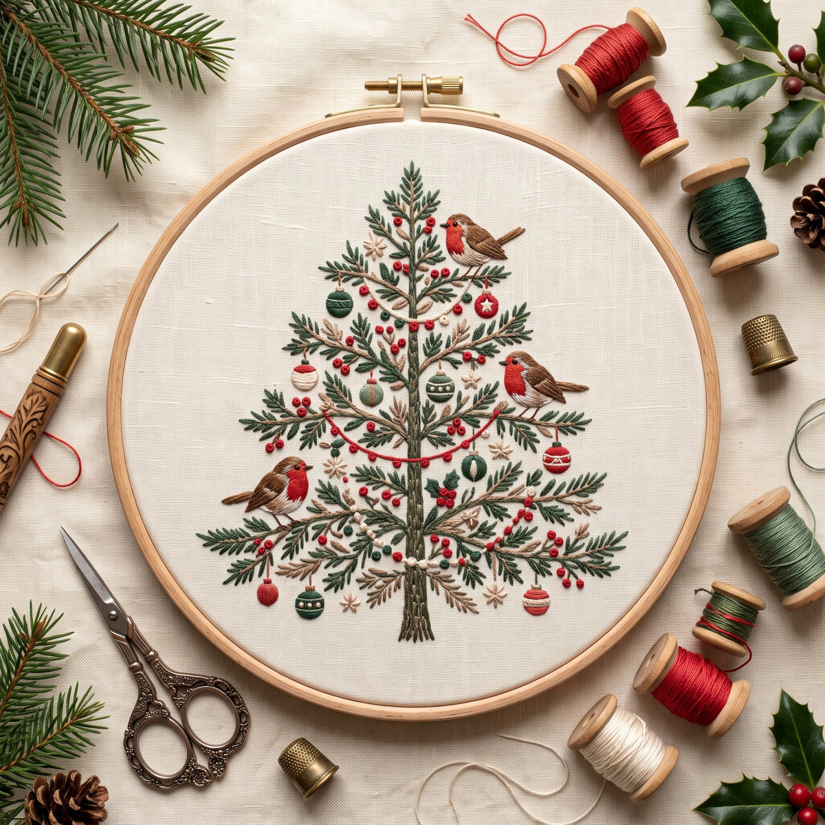 Christmas tree with robins, red berries and baubles, finished hand embroidery hoop photographed in full