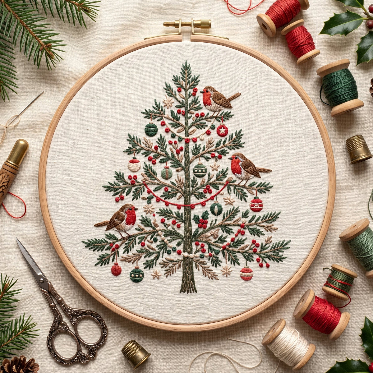 Christmas tree with robins, red berries and baubles, hand embroidery design in a wooden hoop