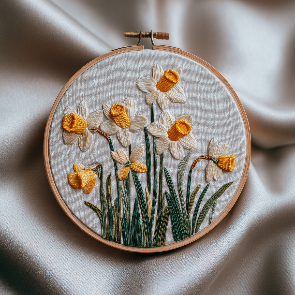 Full view of the rustic daffodil embroidery hoop resting on softly folded silver-gray fabric