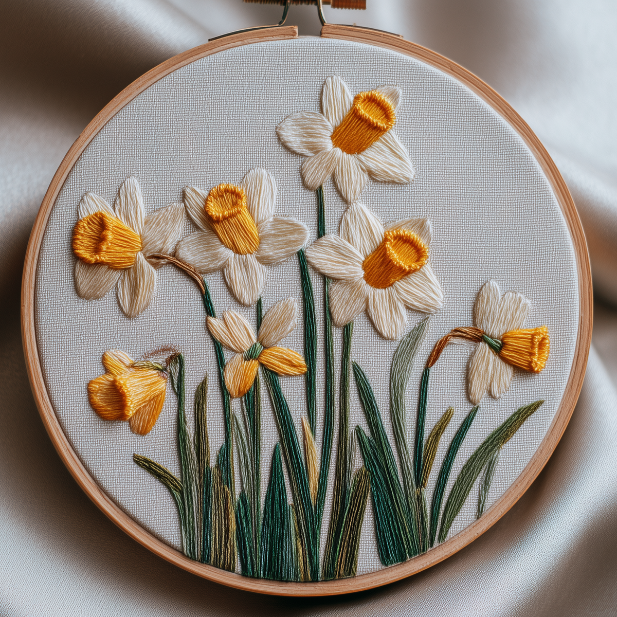 White daffodils with golden-yellow centers and long green leaves, shown as rustic embroidery in a wooden hoop