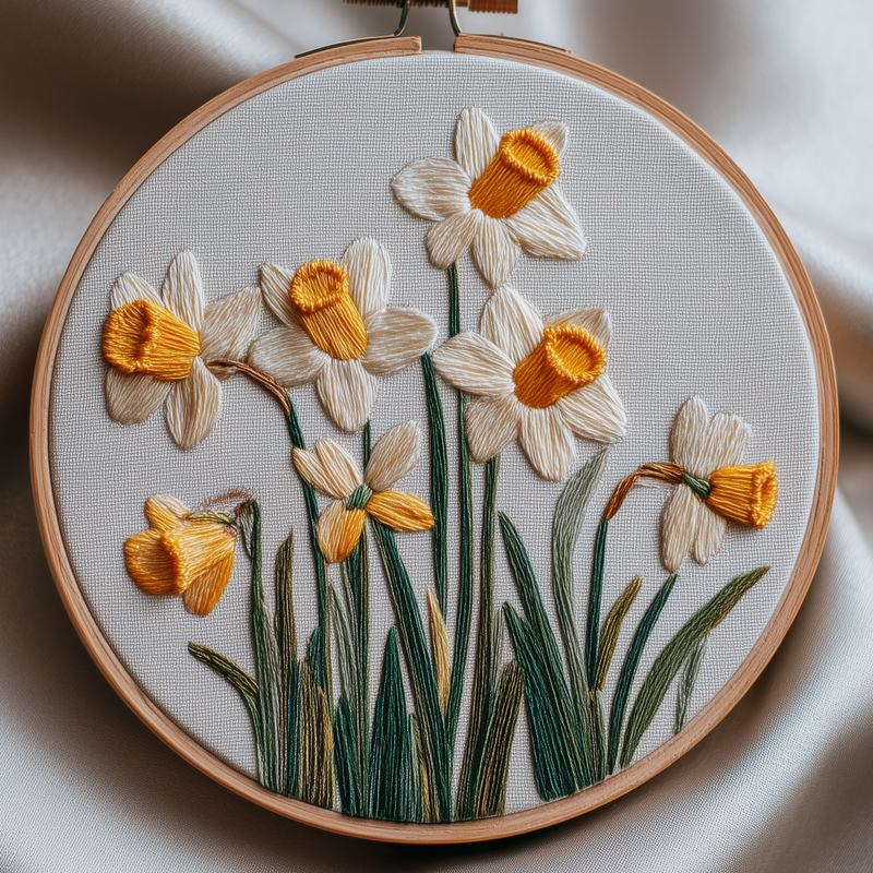 White daffodils with golden-yellow centers and long green leaves, shown as rustic embroidery in a wooden hoop