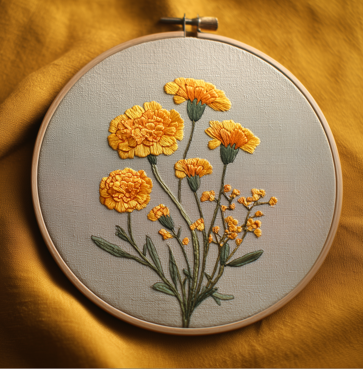 Full view of the rustic marigold bouquet embroidery hoop resting on mustard-colored fabric