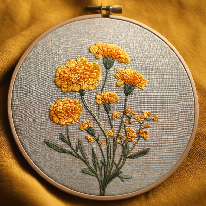 Golden marigold blooms, small buds and slender green stems in a rustic embroidery design inside a wooden hoop