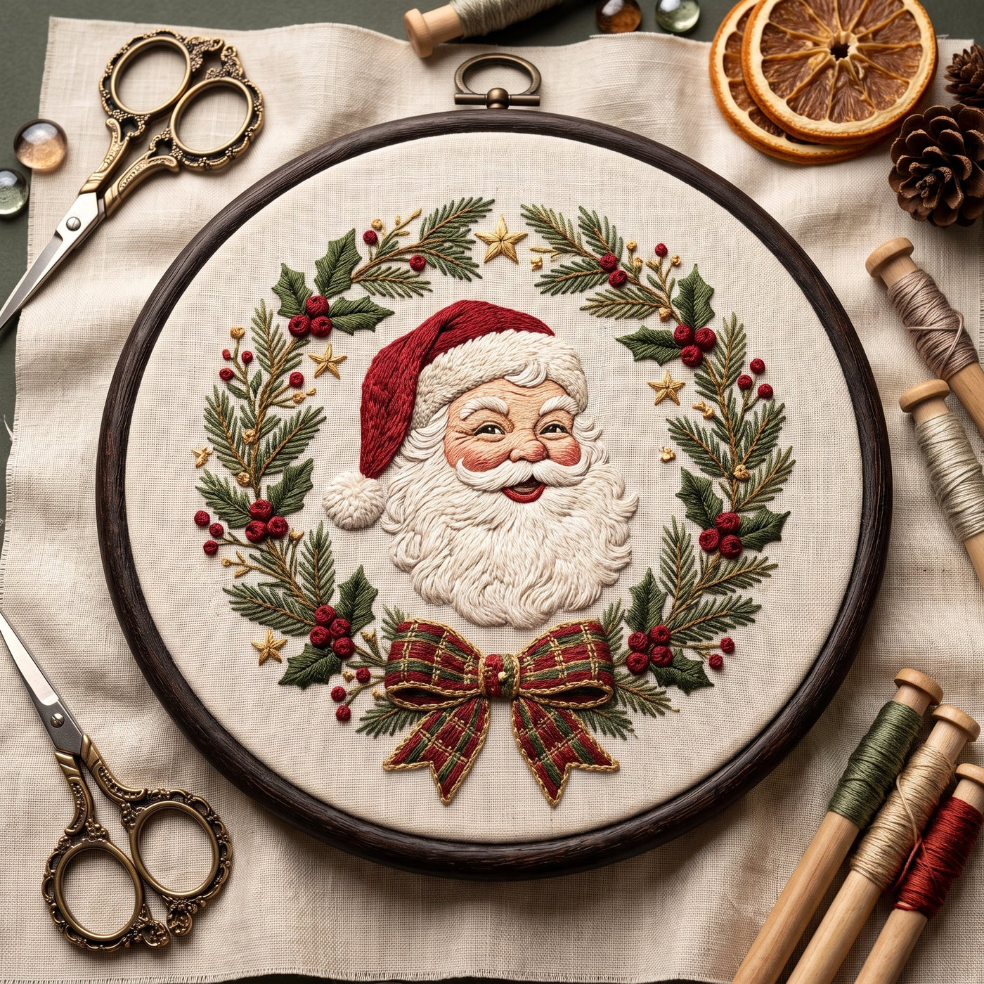 Saint Nicholas framed by a pine and berry wreath with a tartan bow, finished hand embroidery hoop photographed in full