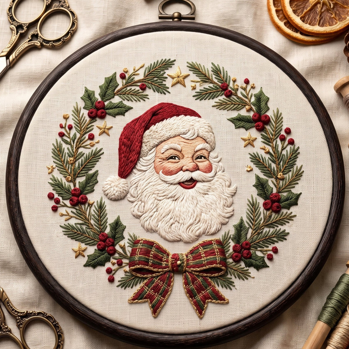 Saint Nicholas framed by a pine and berry wreath with a tartan bow, hand embroidery design in a wooden hoop