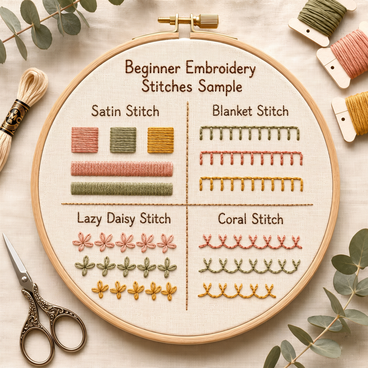 Satin, blanket, lazy daisy and coral stitch sampler hoop photographed in full with thread, scissors and eucalyptus