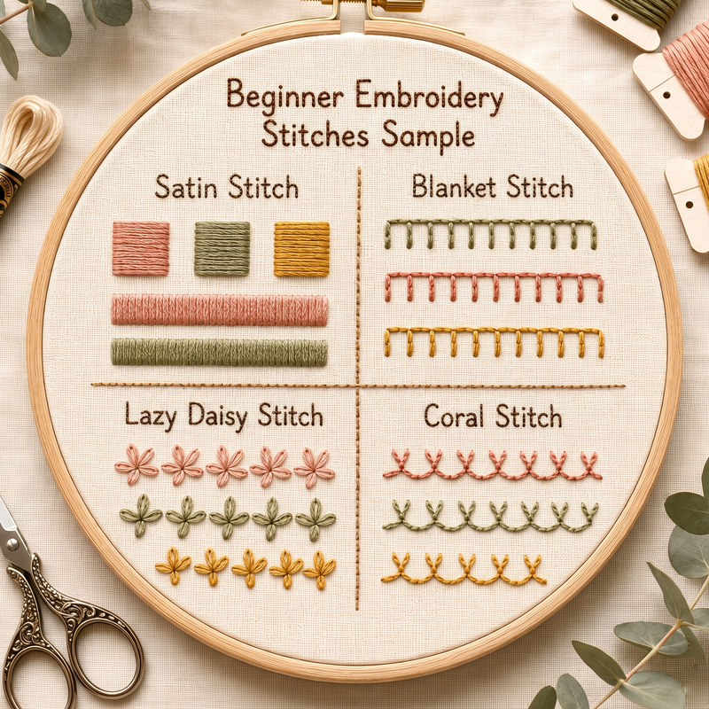 Stitch sampler hoop with labeled sections of satin, blanket, lazy daisy and coral stitch