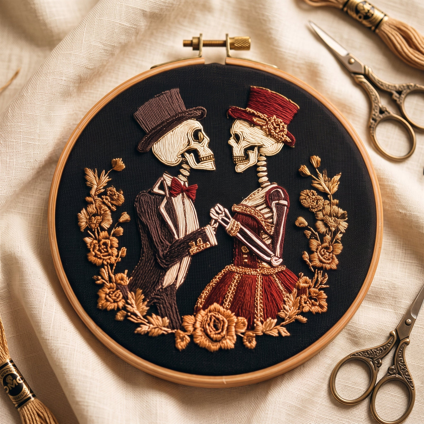 Two dancing skeletons in formal dress inside a gold floral wreath, finished hand embroidery hoop photographed in full