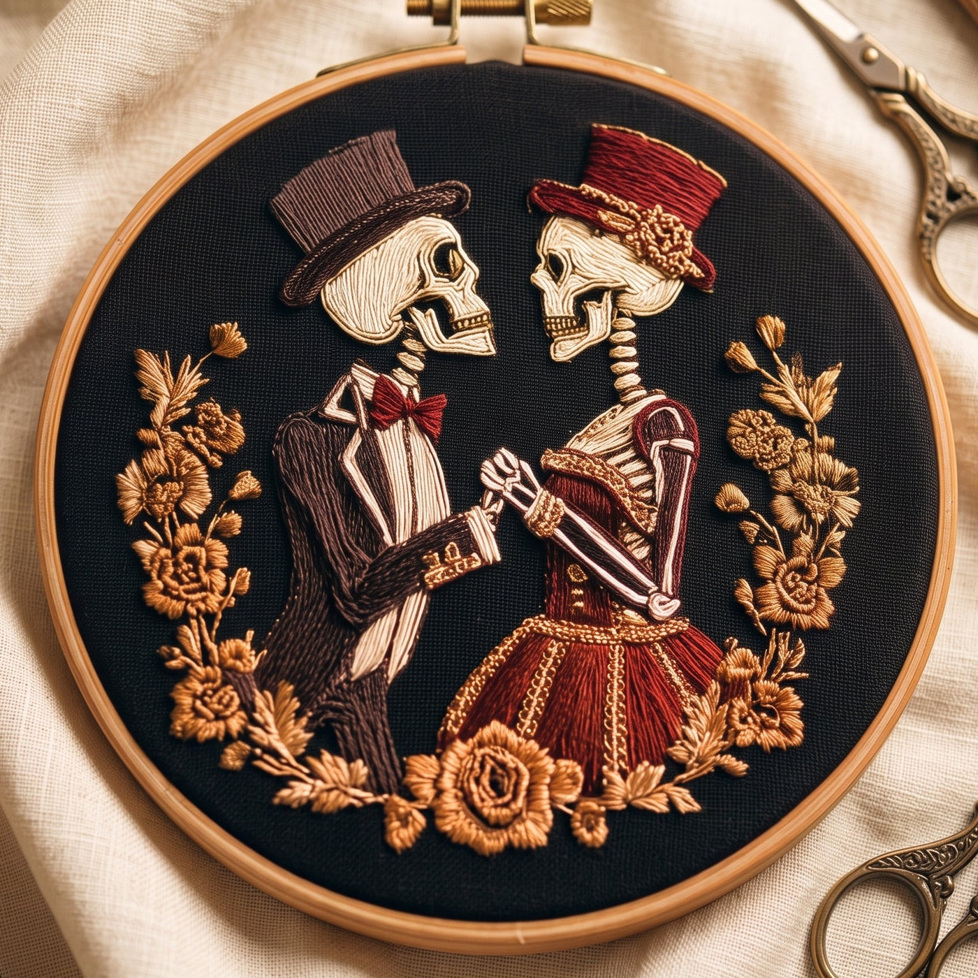 Two dancing skeletons in formal dress inside a gold floral wreath, hand embroidery design on black fabric