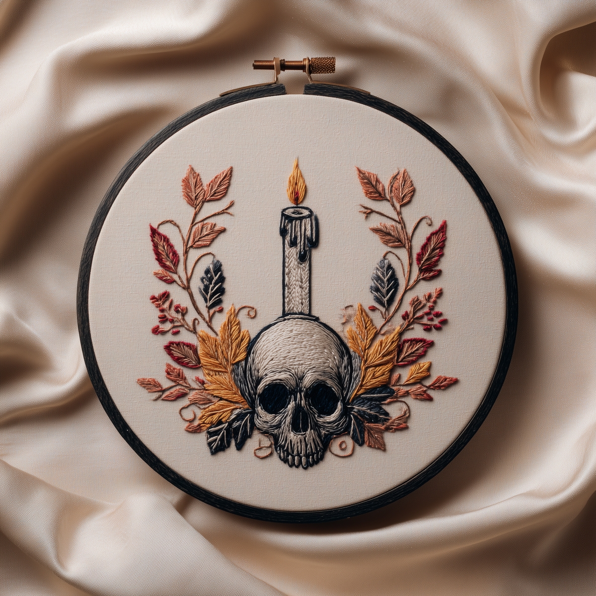 Skull with a lit black candle and autumn leaves, finished hand embroidery hoop photographed in full