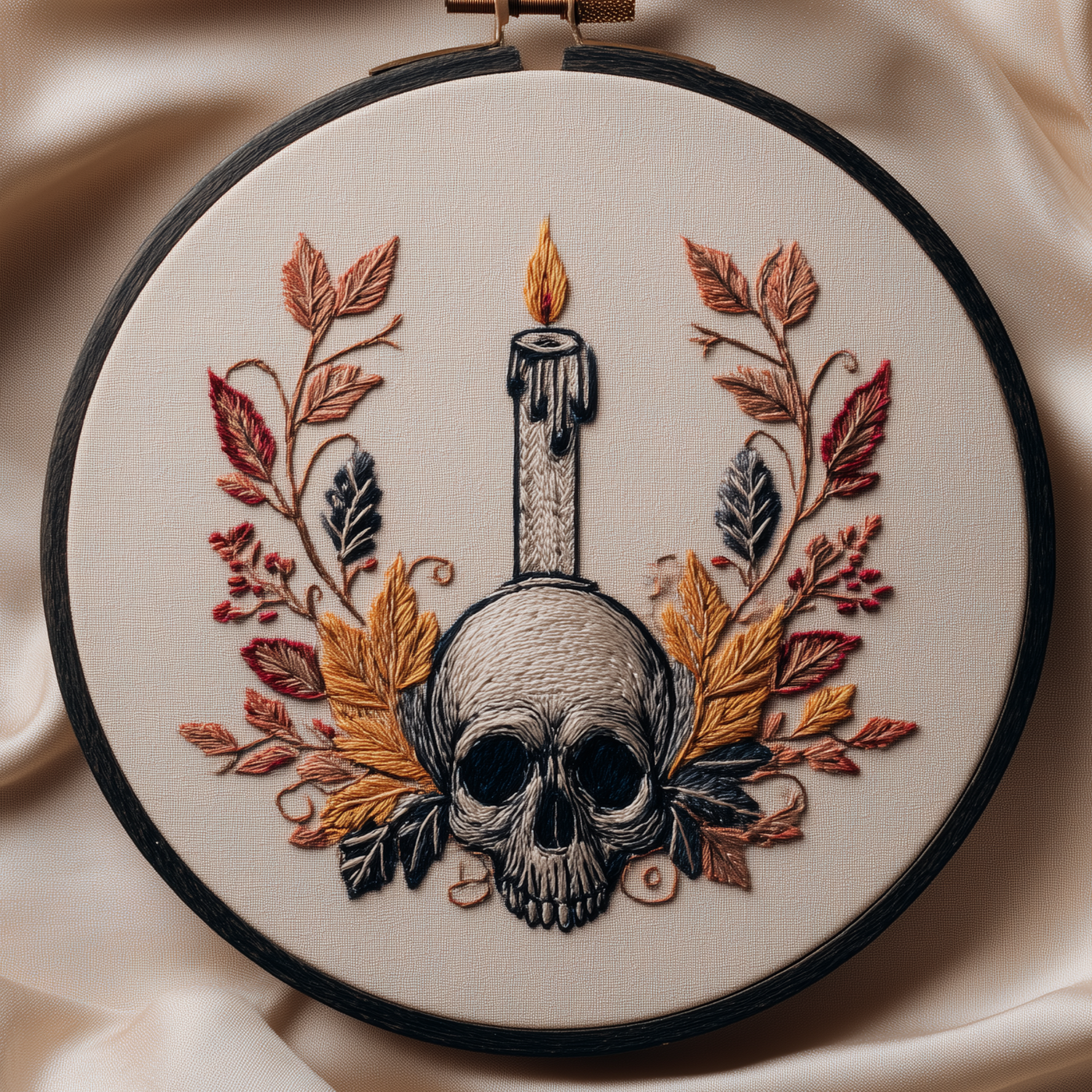 Skull with a lit black candle and autumn leaves, hand embroidery design in a wooden hoop