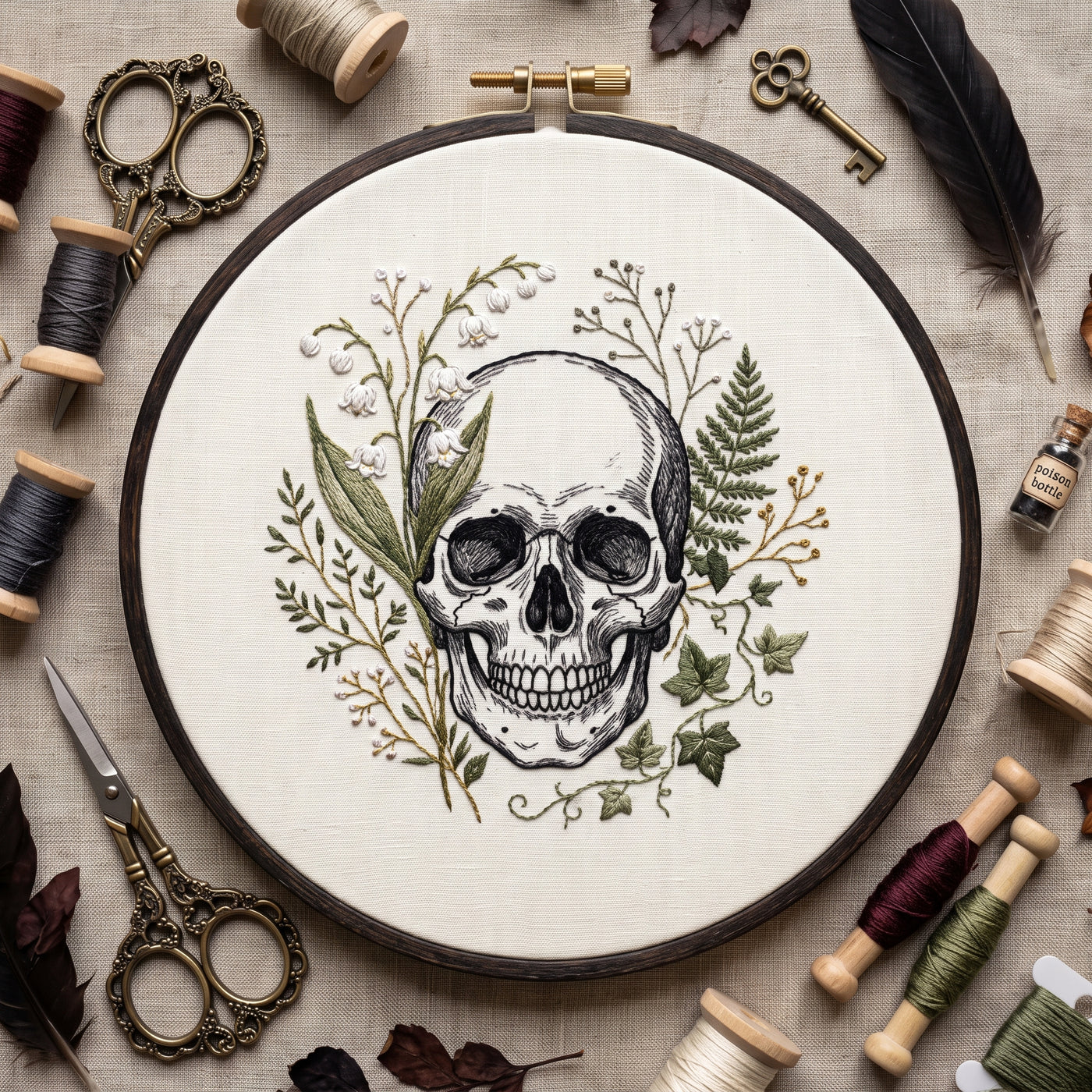 Skull with lily of the valley and botanical hand embroidery design in a wooden hoop