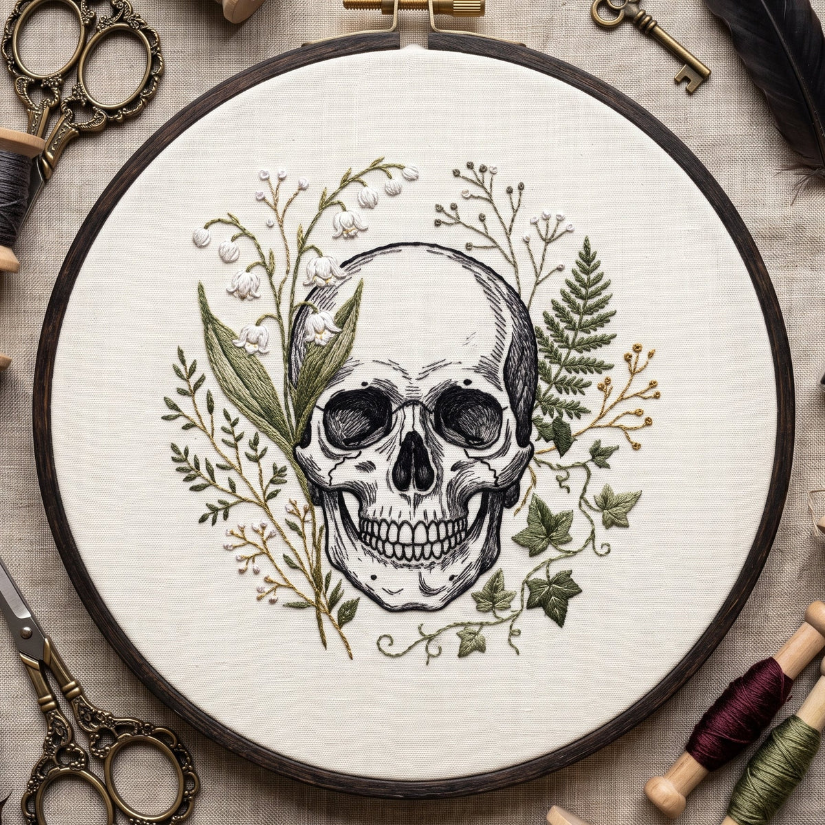 Skull with lily of the valley and botanical hand embroidery design in a wooden hoop