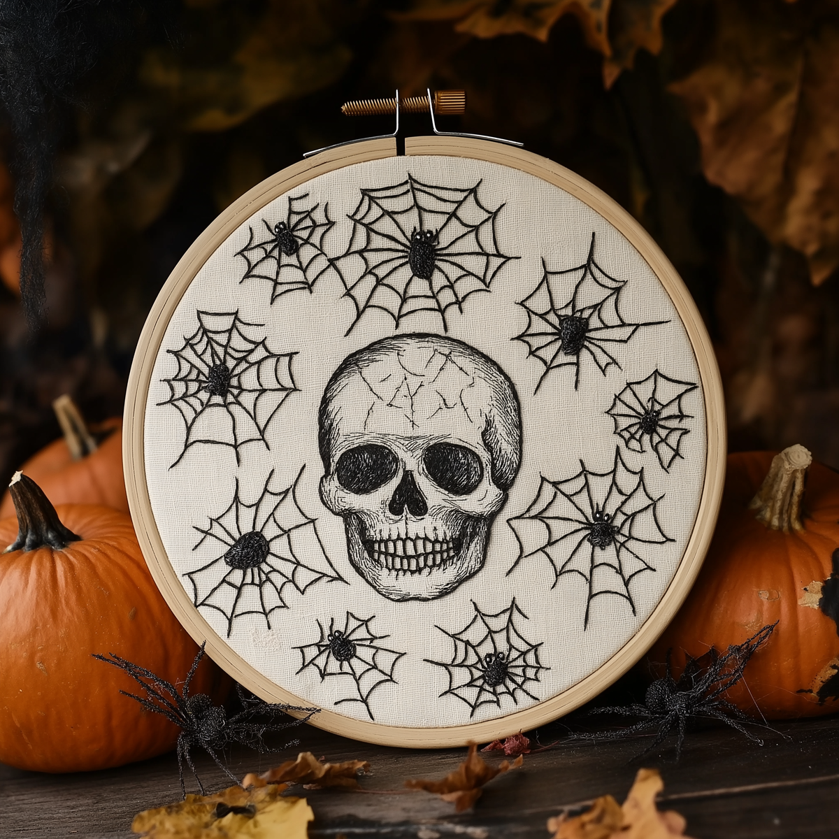 Blackwork skull and spiderwebs worked in black thread on natural linen, finished hand embroidery hoop photographed in full