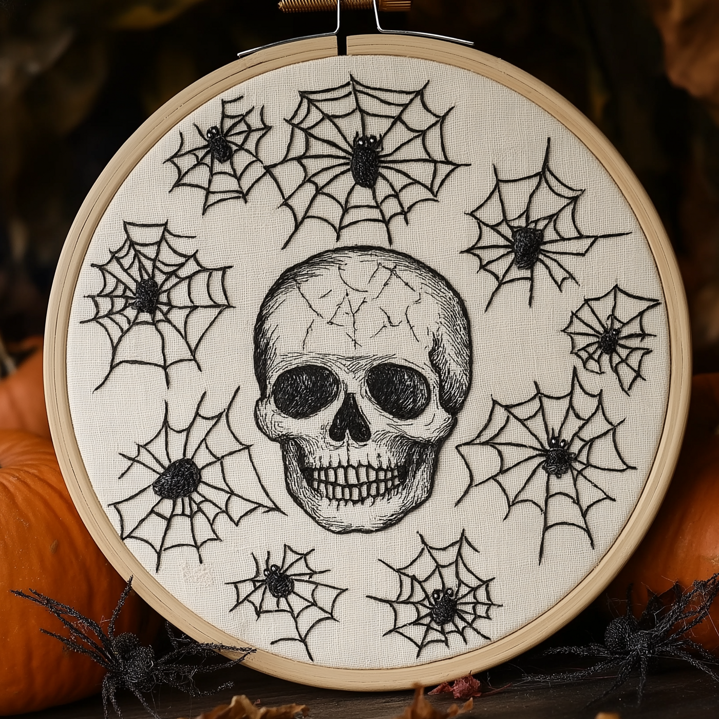 Blackwork skull and spiderwebs, hand embroidery design worked in black thread on natural linen