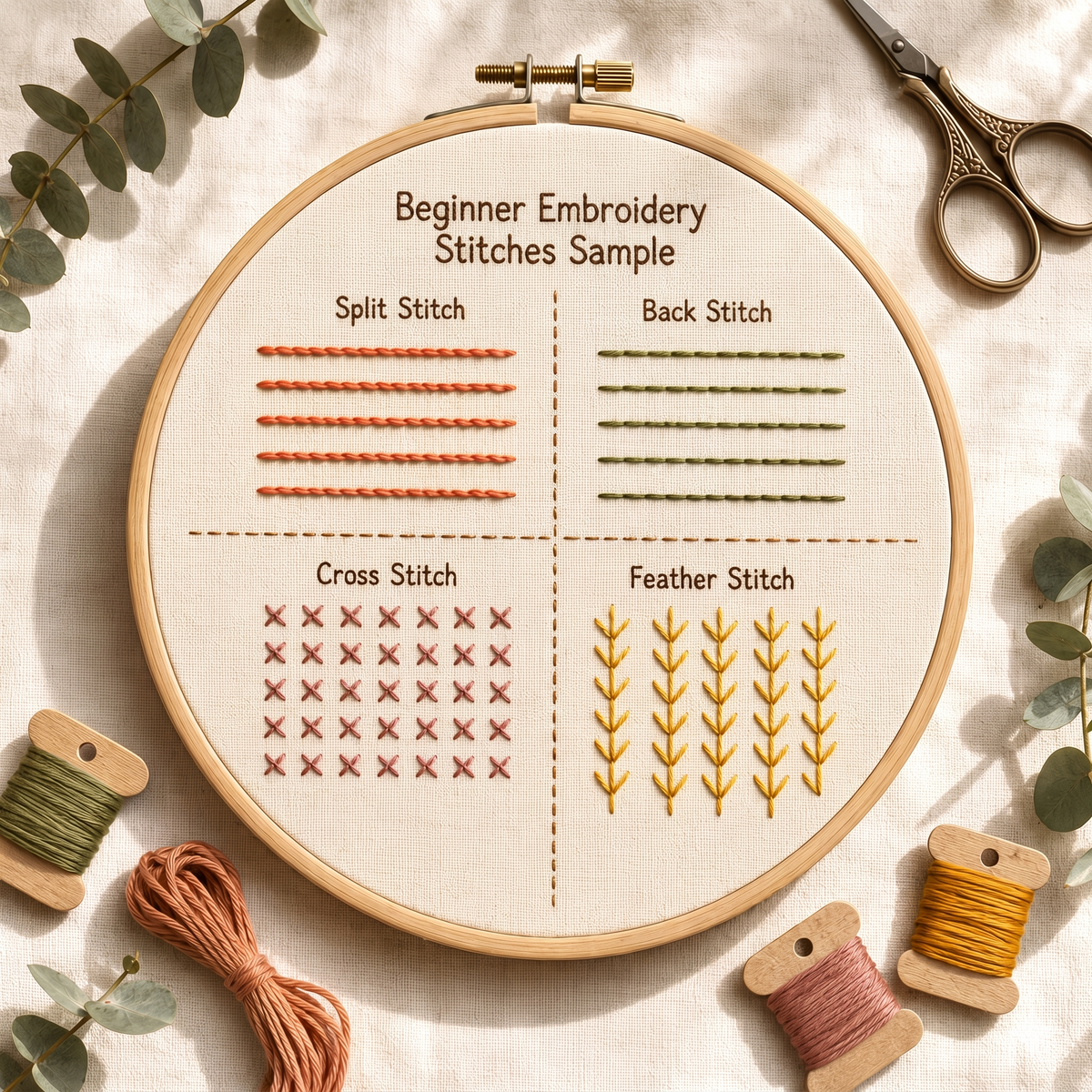Split, back, cross and feather stitch sampler hoop photographed in full with thread spools, scissors and eucalyptus