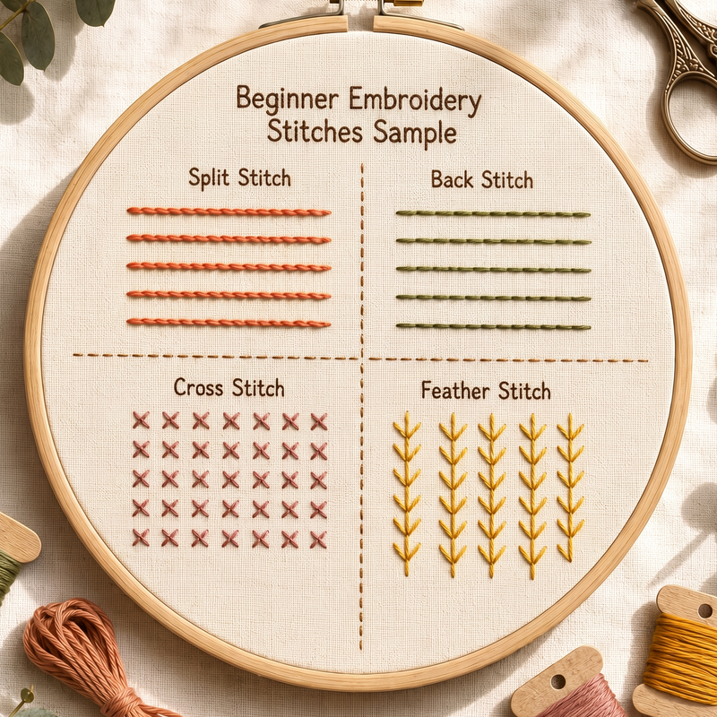 Stitch sampler hoop with labeled sections of split, back, cross and feather stitch