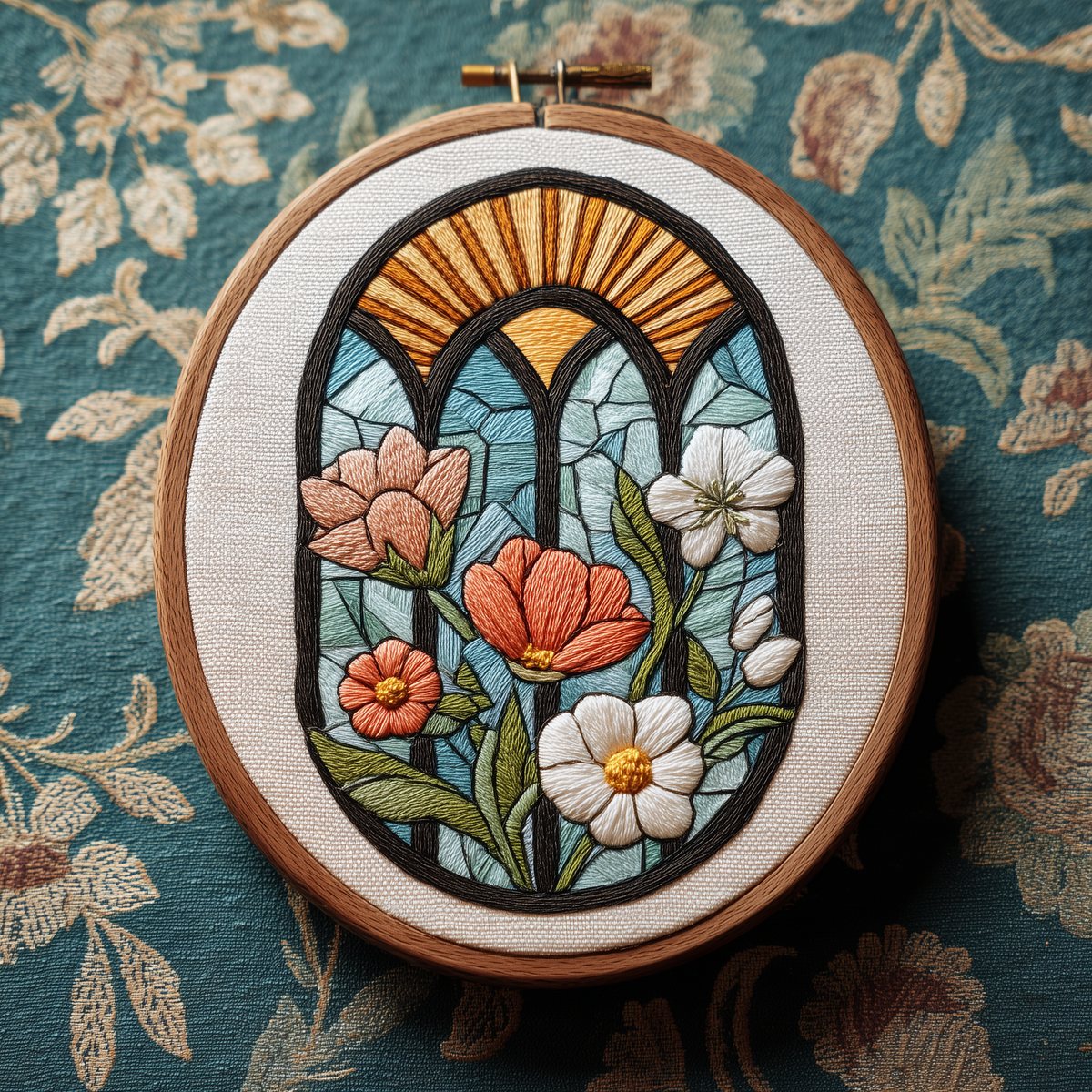 Wildflowers inside a stained-glass arch with a rising sun in a wooden embroidery hoop, photographed in full on teal floral brocade