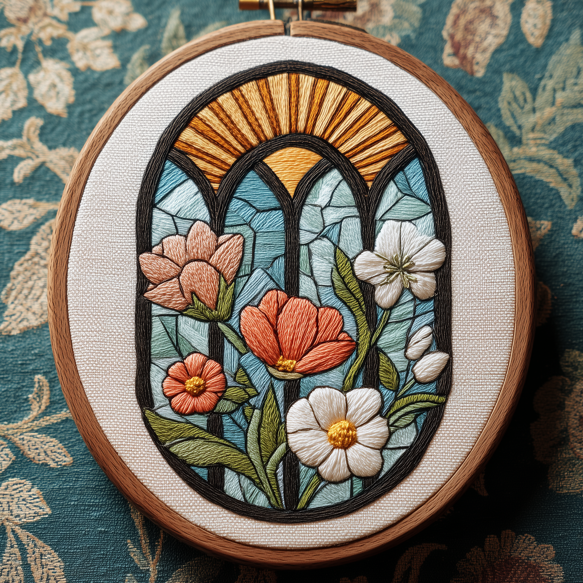 Wildflowers inside a stained-glass arch with a rising sun, hand embroidery design in a wooden hoop