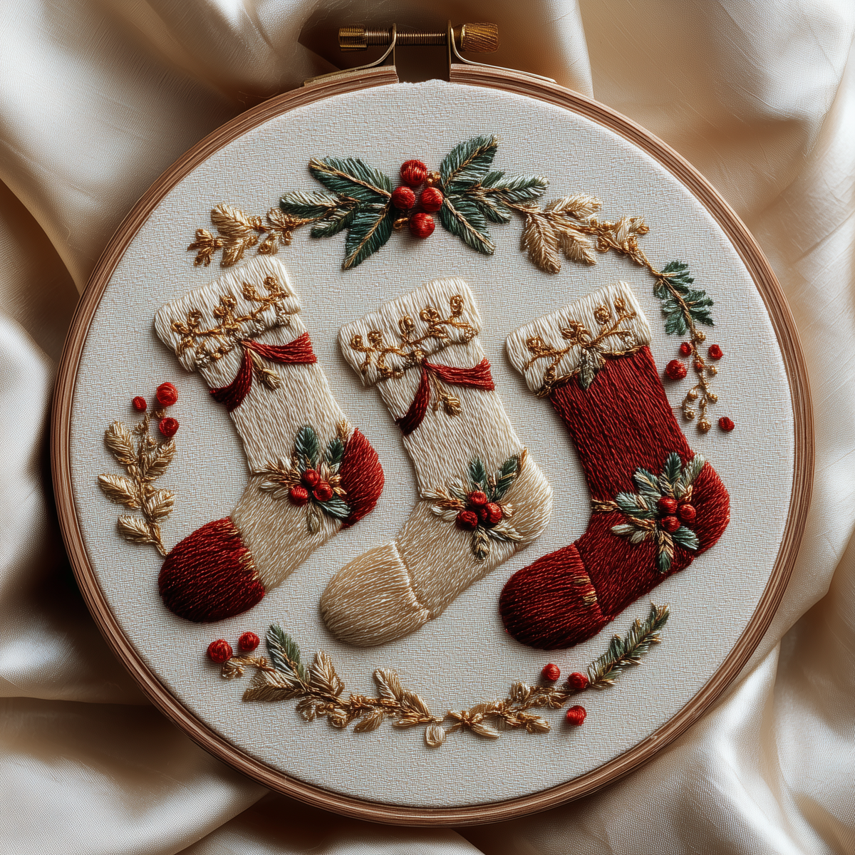 Three cream and red Christmas stockings with holly and berries, finished hand embroidery hoop photographed in full
