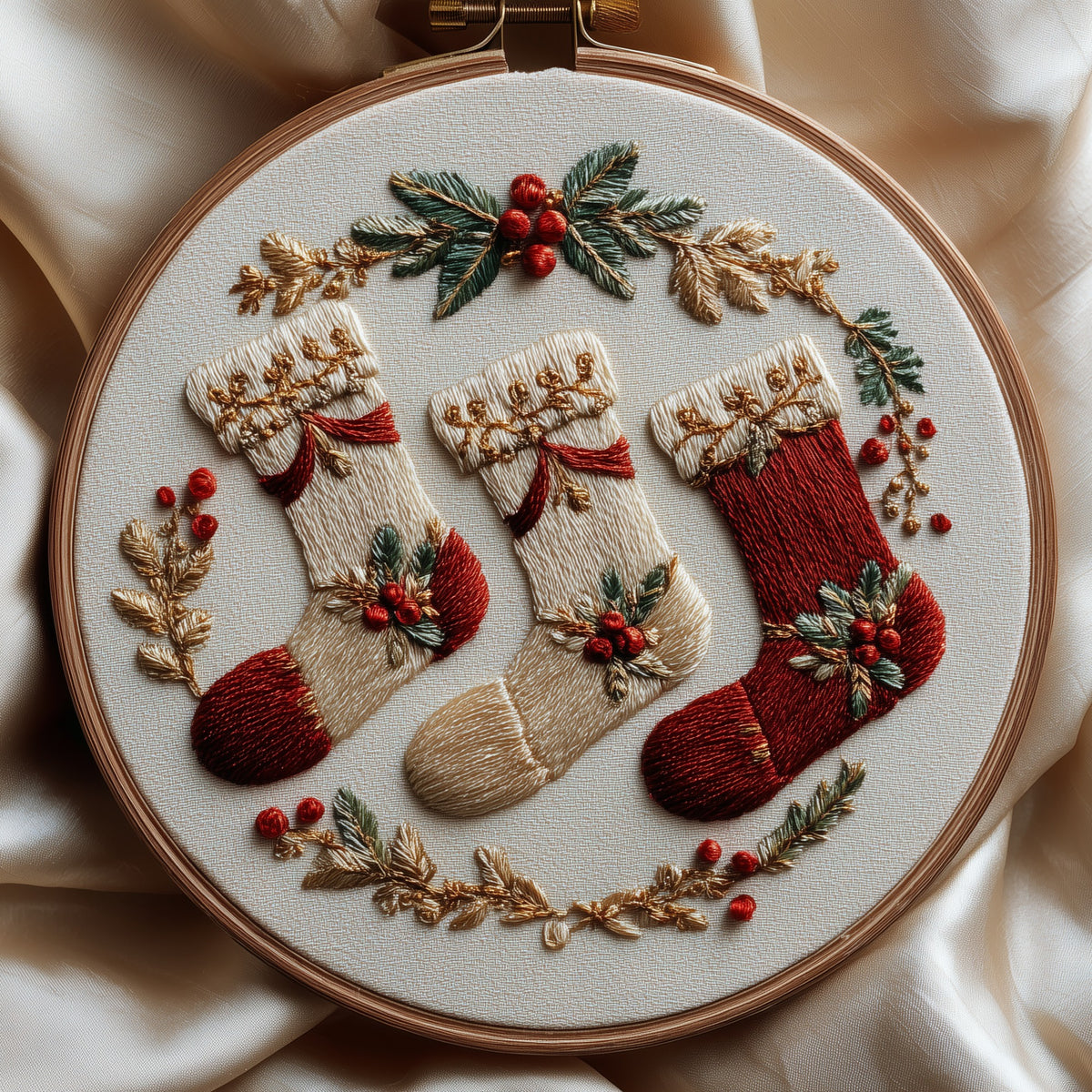 Three cream and red Christmas stockings with holly and berries, hand embroidery design in a wooden hoop