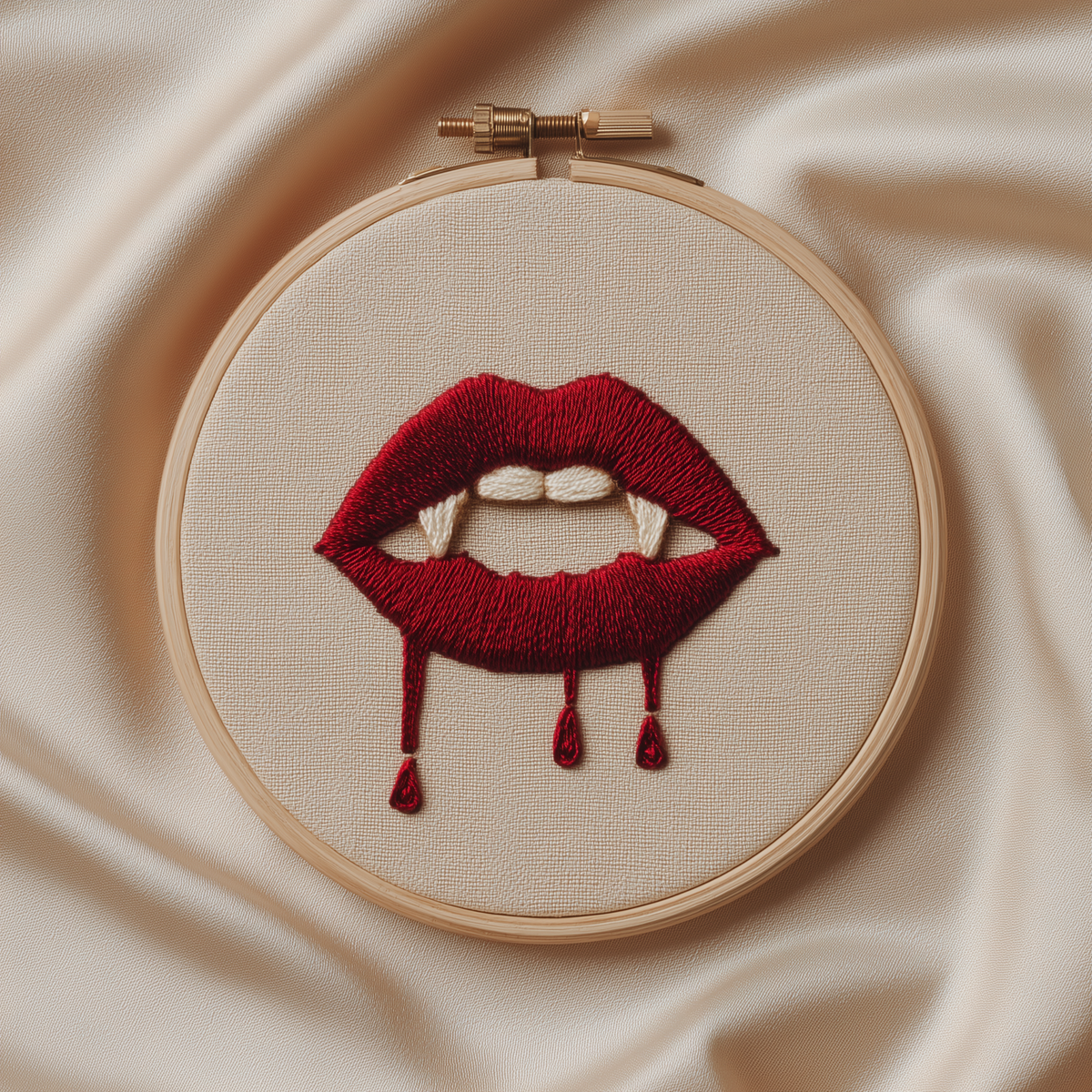 Vampire lips with fangs worked in red thread on natural linen, finished hand embroidery hoop photographed in full
