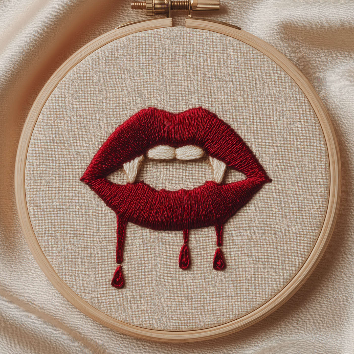 Vampire lips with fangs, hand embroidery design worked in red thread on natural linen