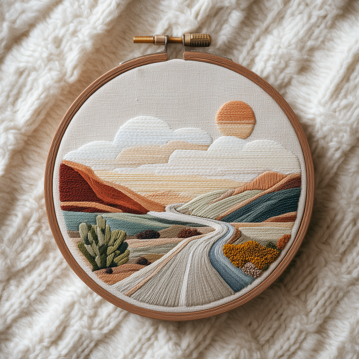 Road winding through layered desert hills toward a low sun in a wooden embroidery hoop, photographed in full on a cream sherpa throw