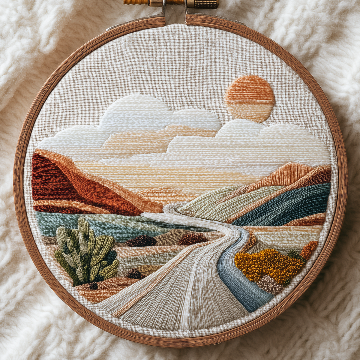 Road winding through layered desert hills toward a low sun, hand embroidery design in a wooden hoop
