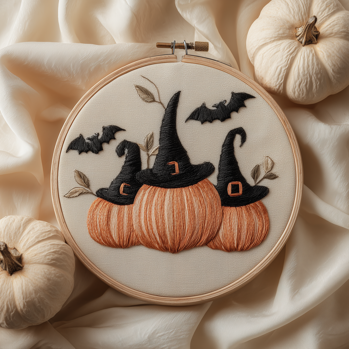Three pumpkins in black witch hats with bats overhead, finished hand embroidery hoop photographed in full