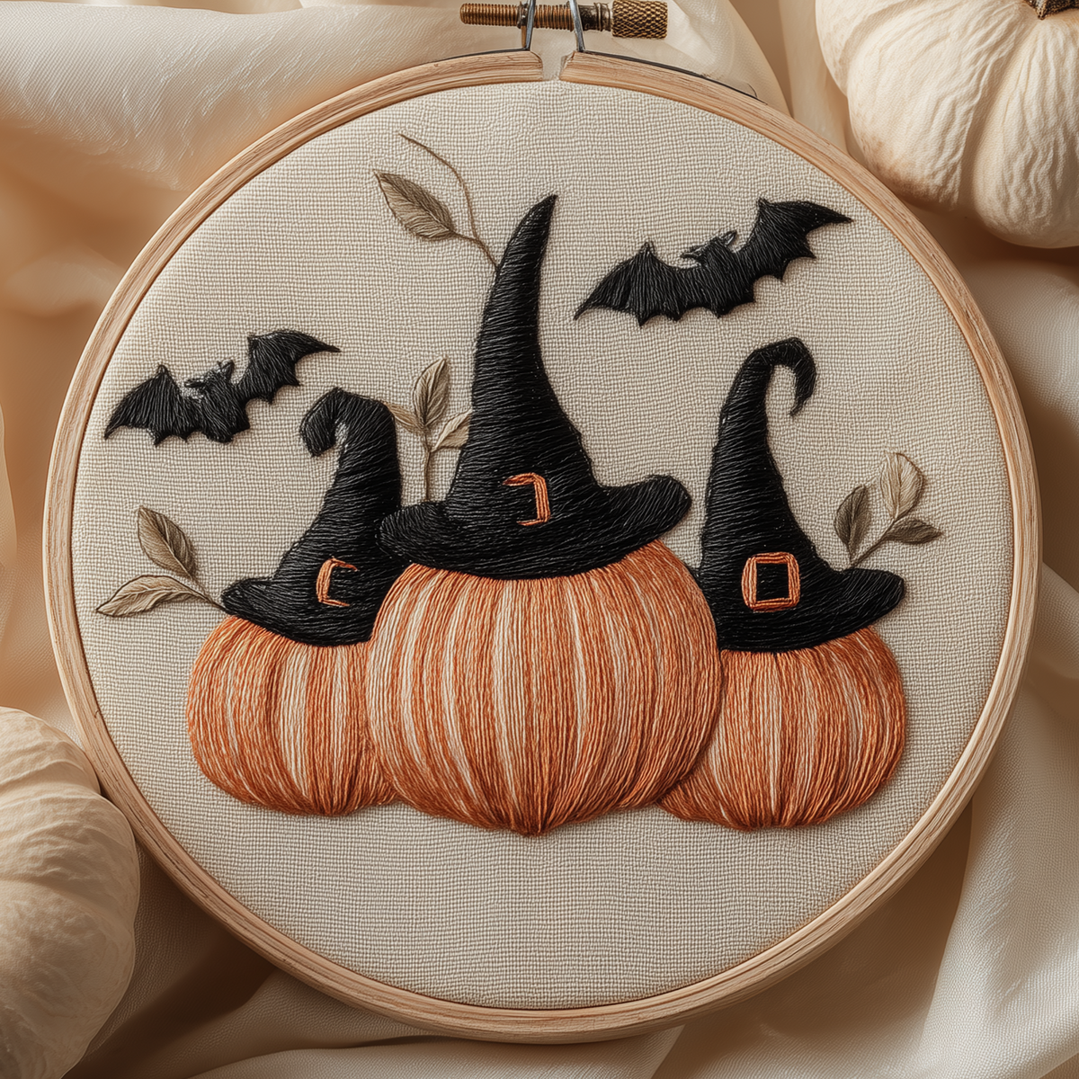 Three pumpkins in black witch hats with bats overhead, hand embroidery design in a wooden hoop