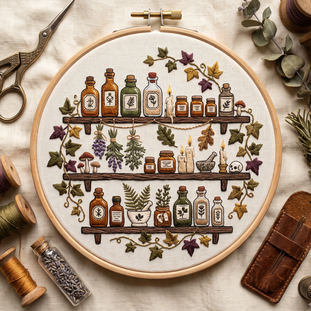 Apothecary shelf hand embroidery design with potion bottles, candles, mushrooms and ivy in a wooden hoop